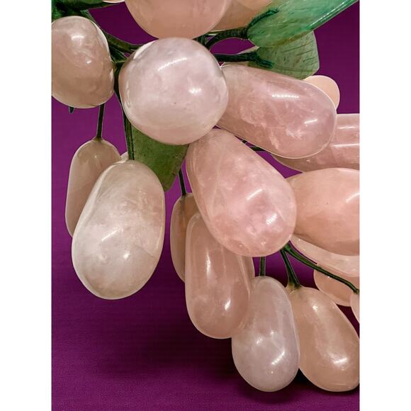 Vintage Rose Quartz Grapes w Adventurine Leaves Gemstone Carved Fruit Decor - Picture 3 of 6